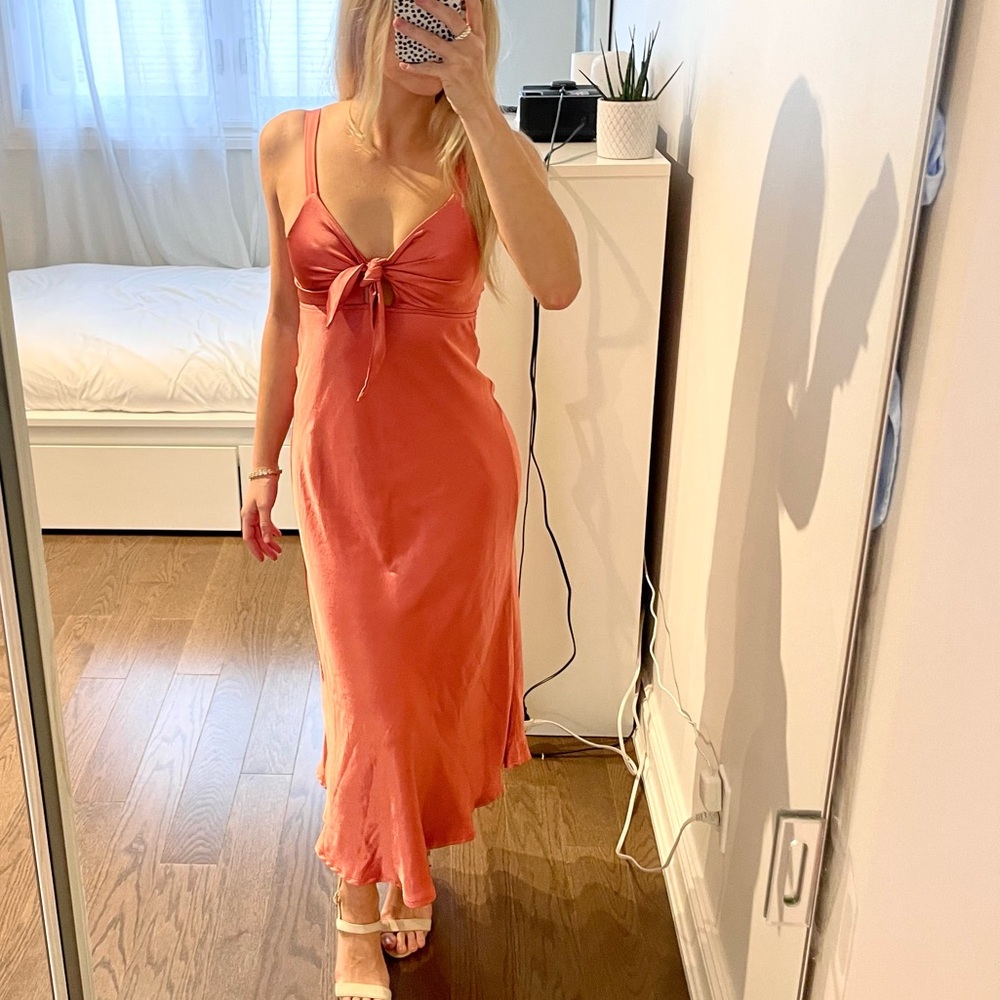 Pink Salmon Midi Satin Dress with Adjustable Straps